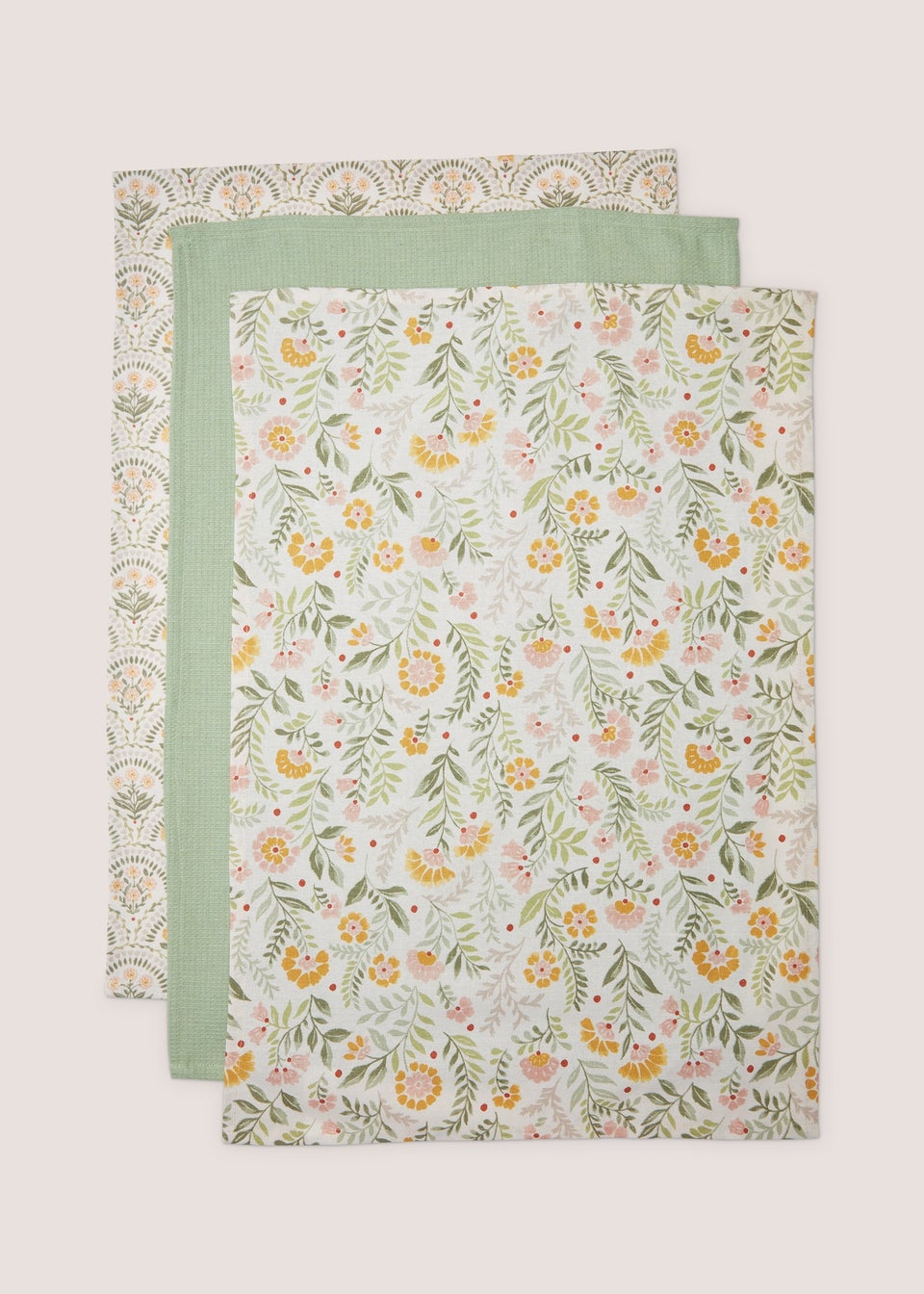 3 Pack Green Folk Floral Tea Towels (46cm x 65cm)