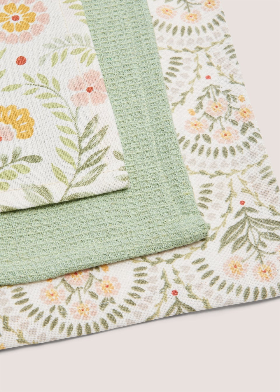 3 Pack Green Folk Floral Tea Towels (46cm x 65cm)