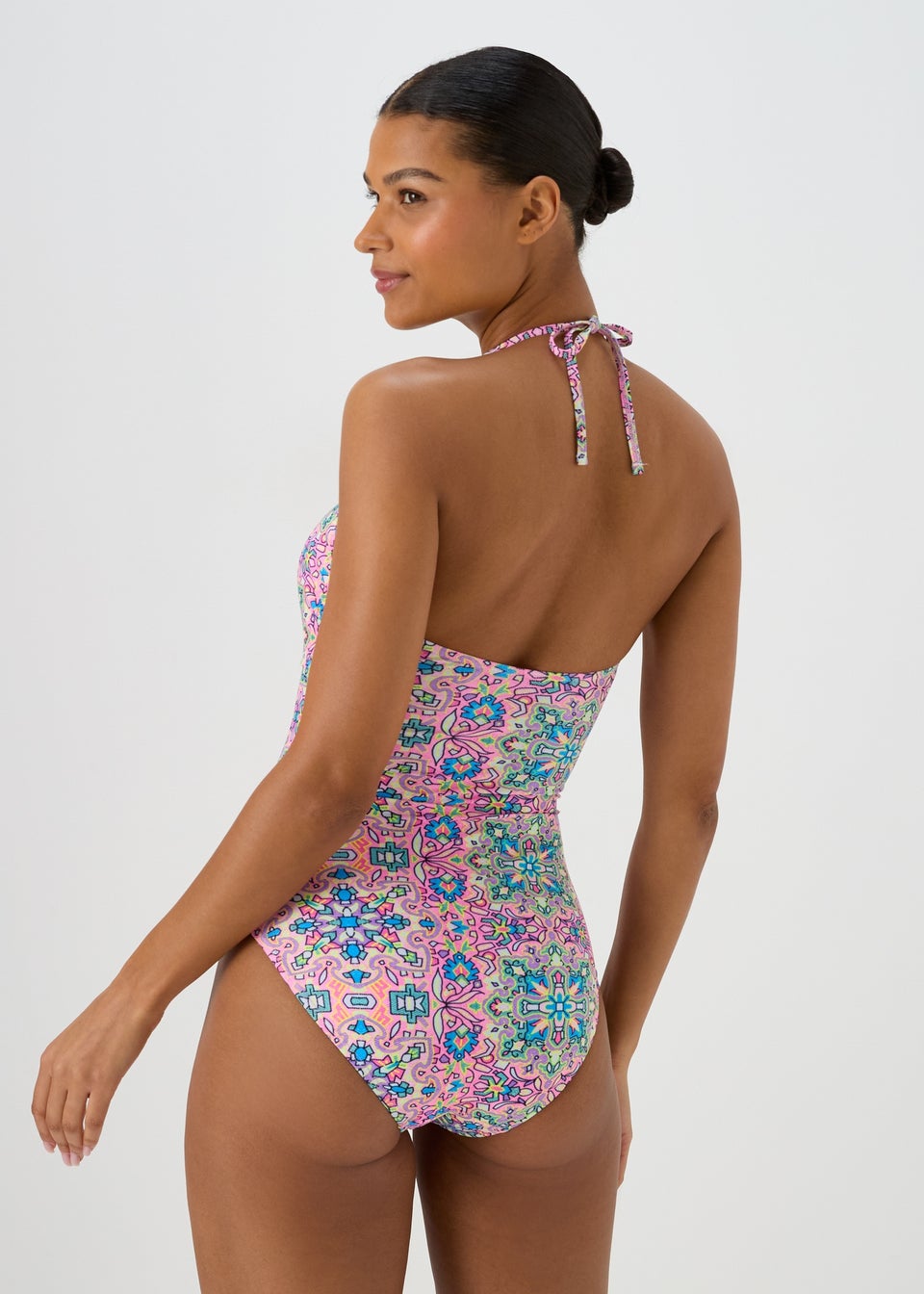 Pink Tie Front Mosaic Swimsuit