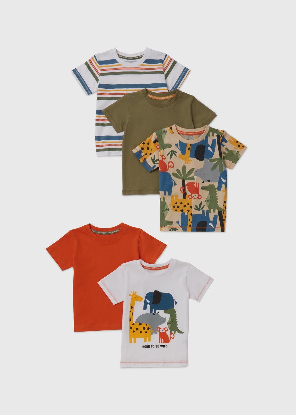 Boys 5 Pack Multicolour Safari T-Shirts (1-7yrs)