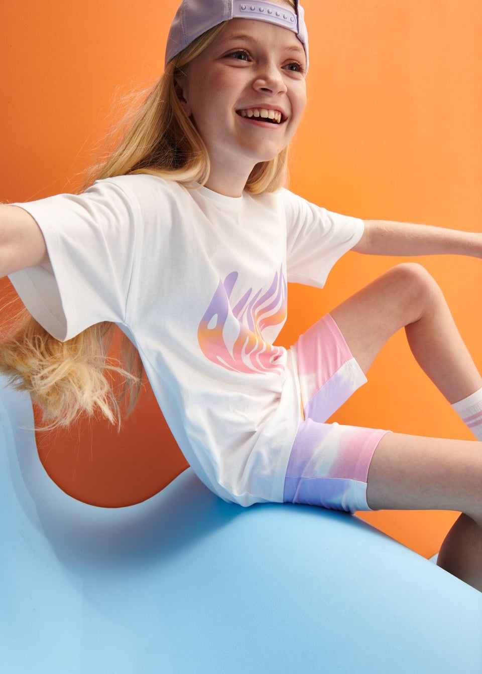 Girls White Oversized Print T-Shirt & Cycling Shorts Sett (7-13yrs)