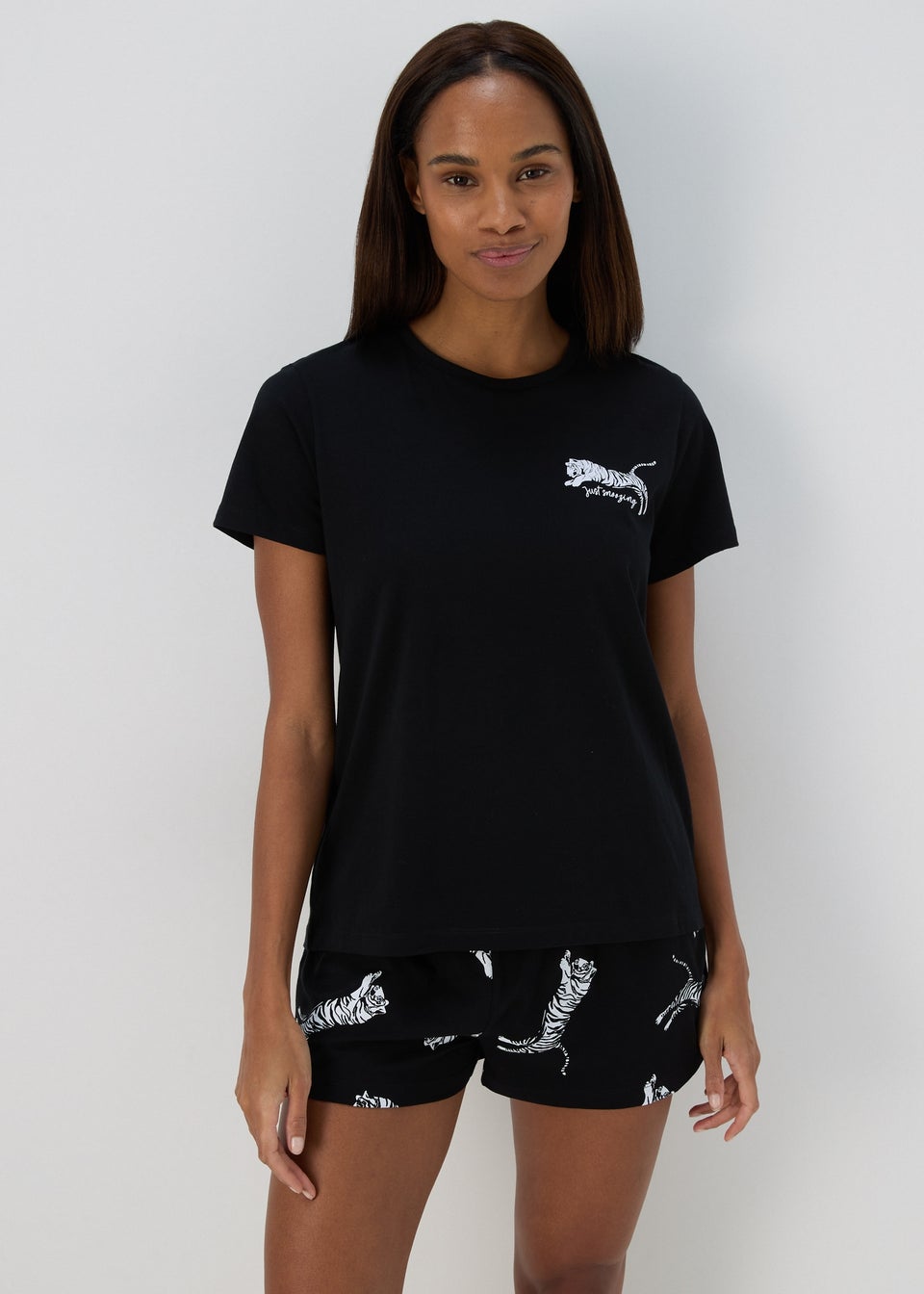 Black Tiger Print Pyjama Shorts Set