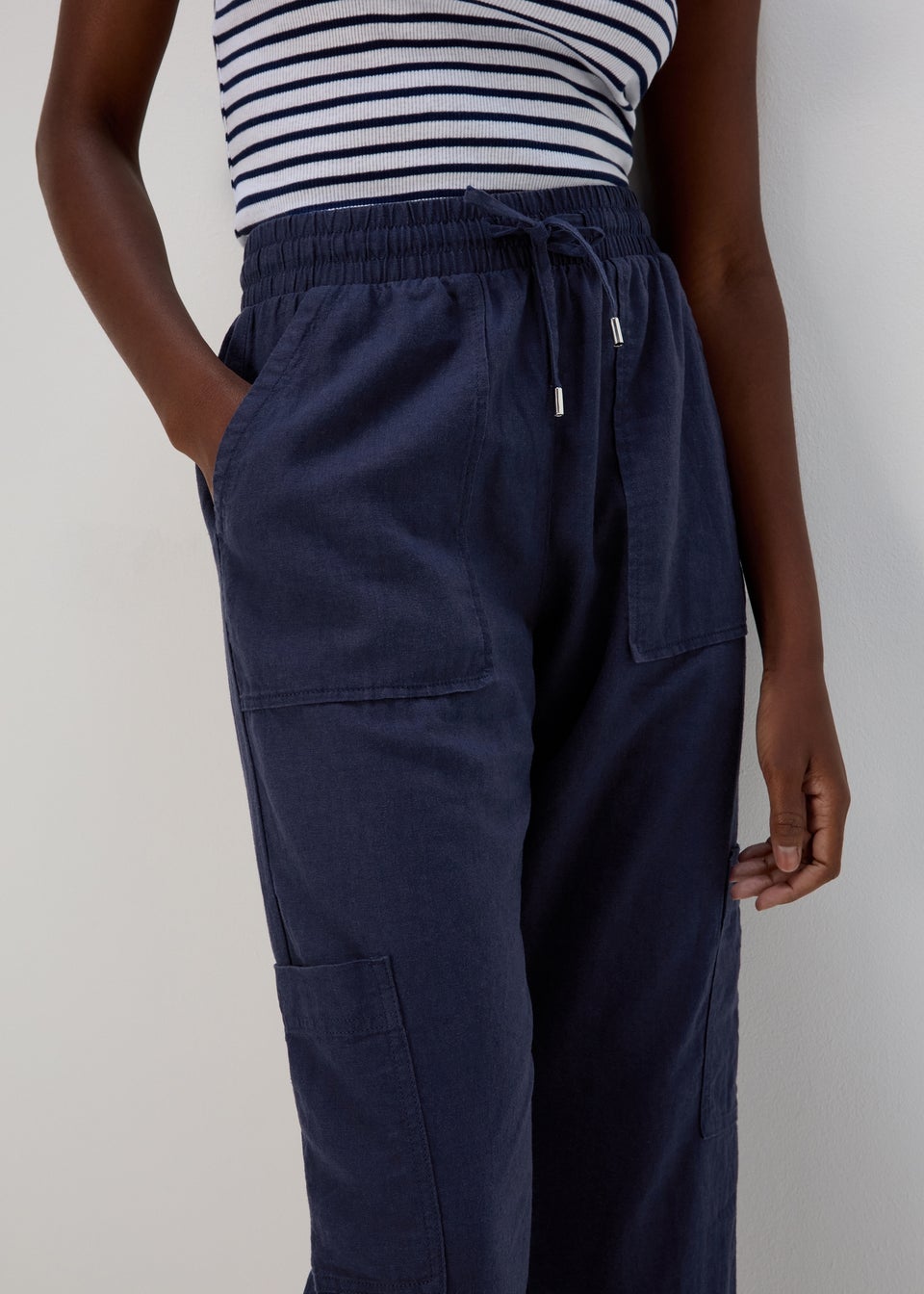 Navy Linen Tapered Cargo Trousers