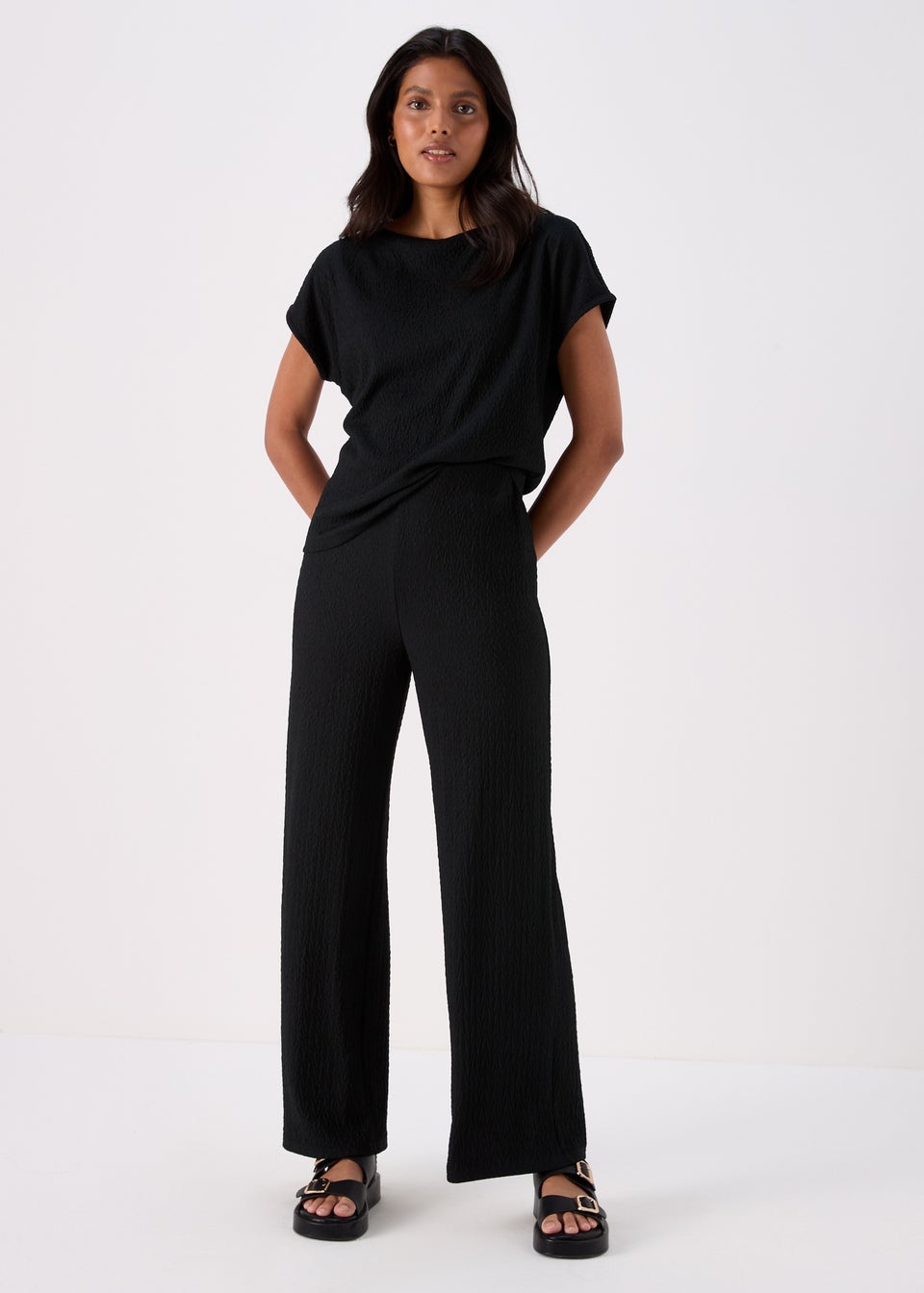 Black Wide Leg Textured Co-Ord Trousers - Matalan