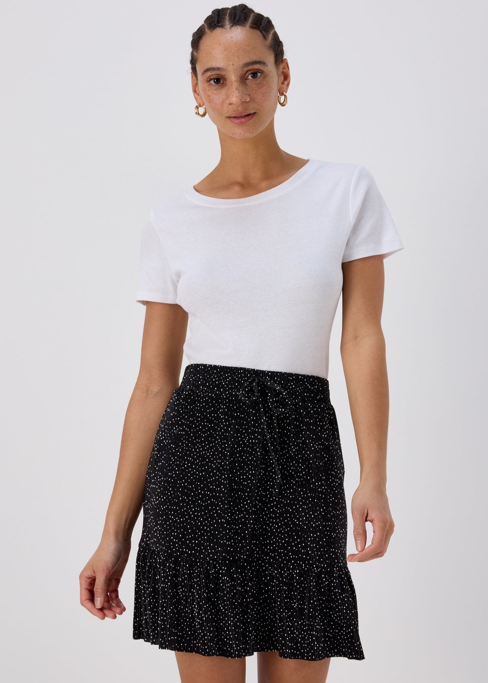 Black Spot Print Plisse Mini Skirt