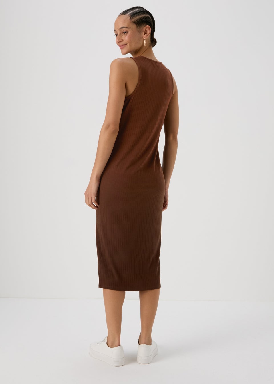Brown Racer Ribbed Midi Dress