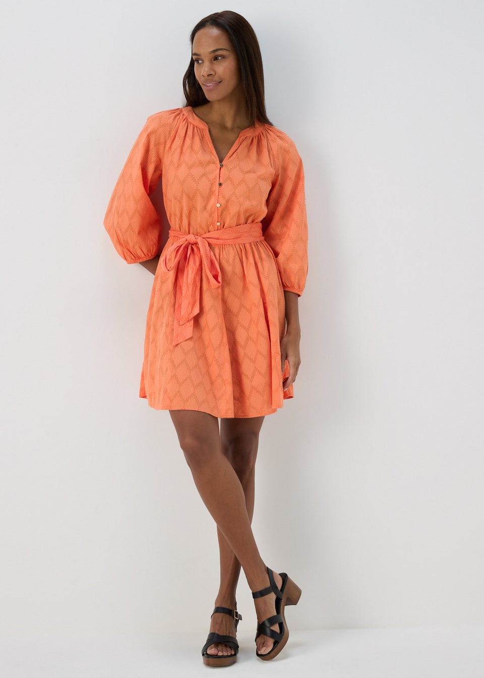 Orange Jacquard Mini Shirt Dress