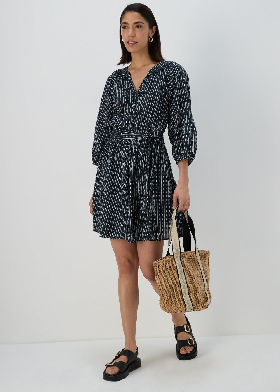 Blue Dobby Mini Shirt Dress