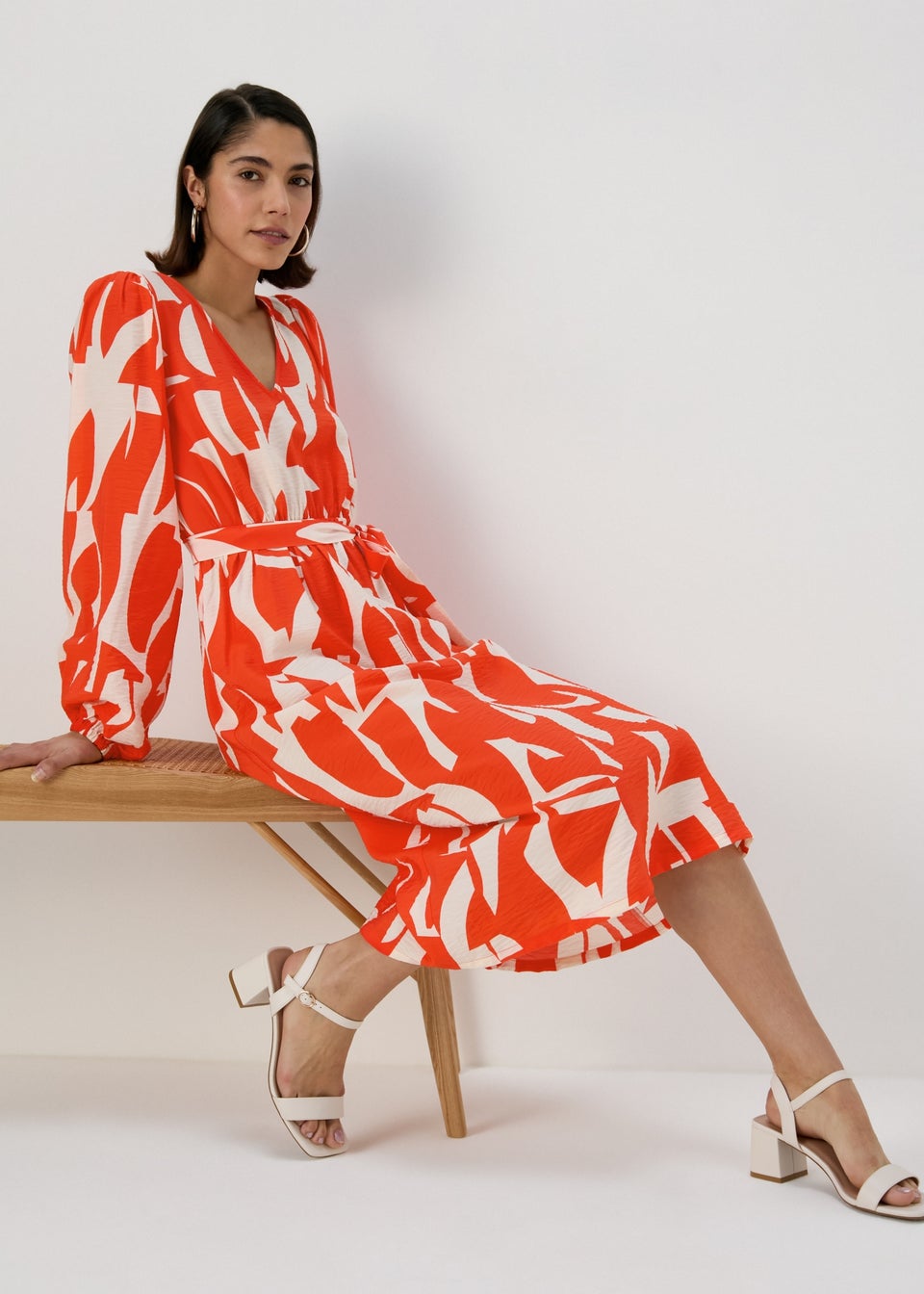 Et Vous Red Abstract Print Balloon Sleeves Dress