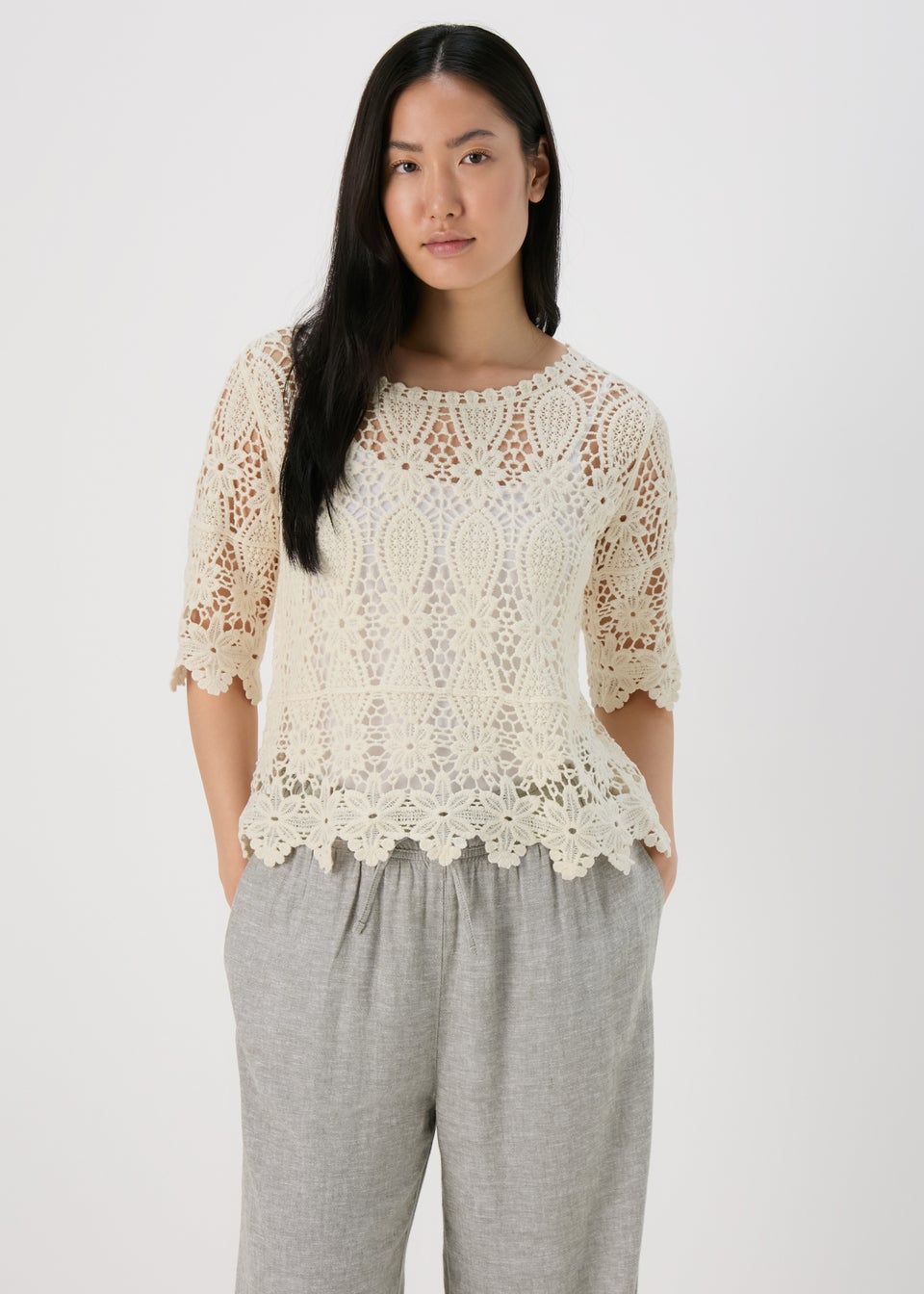 Cream Lace Crochet T Shirt