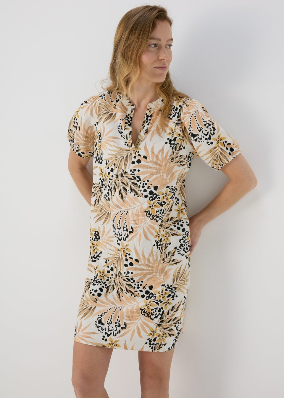Beige Leaf Print Linen Dress