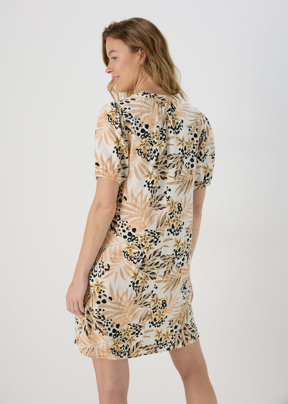 Beige Leaf Print Linen Dress