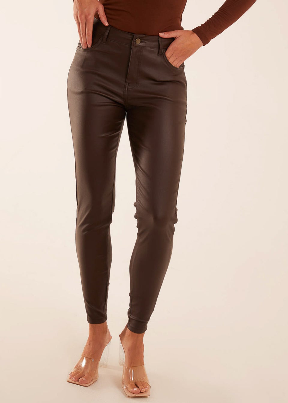 Blue Vanilla Brown PU Mid Rise Coated Skinny Jeans