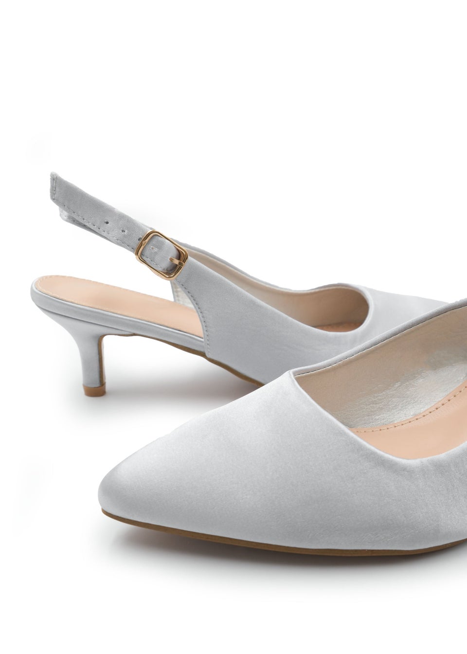 Where's That From Silver Satin Quentin Low Kitten Heels