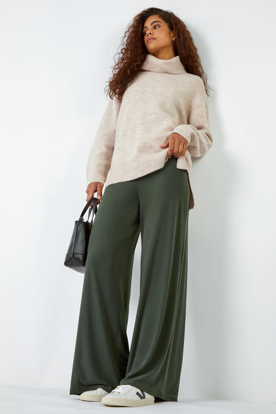Roman Khaki Wide Leg Stretch Trousers