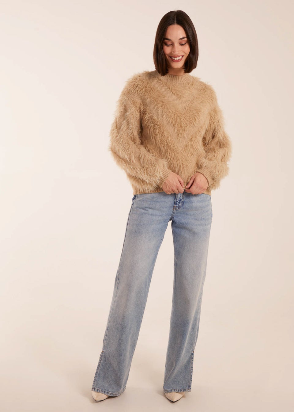 Blue Vanilla Stone Fluffy Round Neck Cuff Sleeve Jumper Matalan