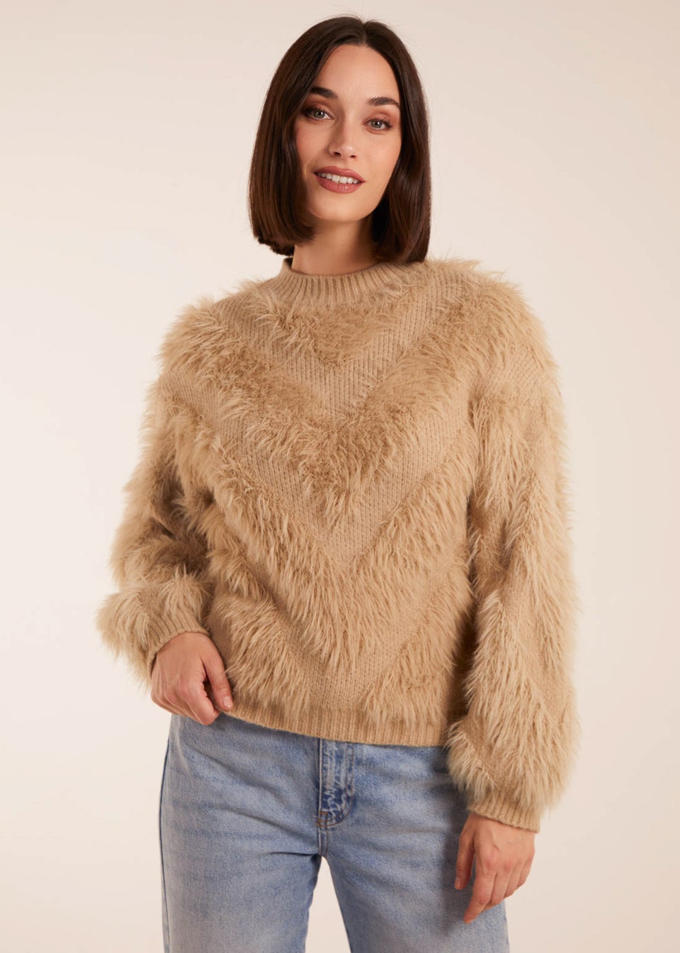 Blue Vanilla Stone Fluffy Round Neck Cuff Sleeve Jumper Matalan