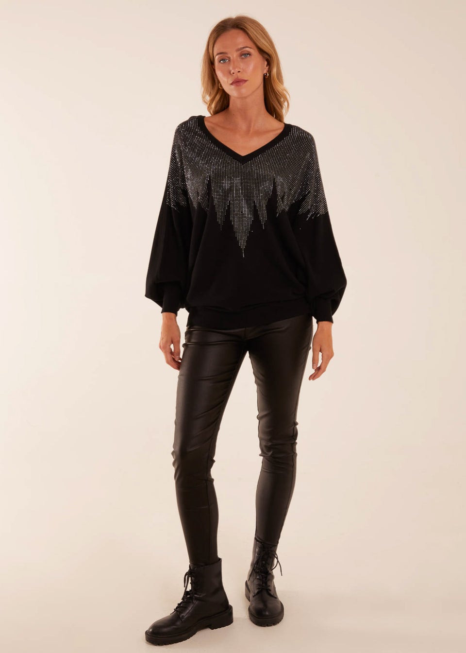 Blue Vanilla Black V Neck Diamante Jumper