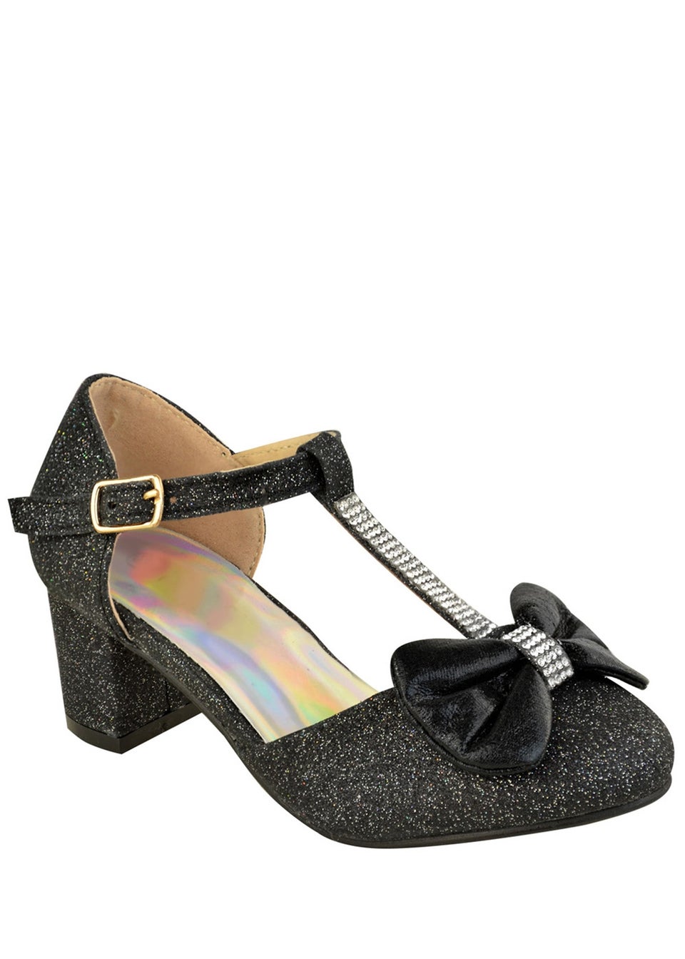 Black Glitter Mid Block Heels, Womens Shoes
