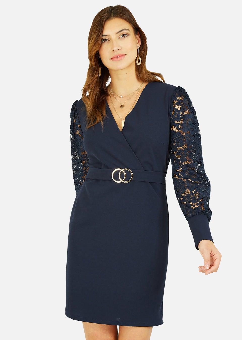 Mela Lace Sleeve Dress With Gold Belt Detail In Navy