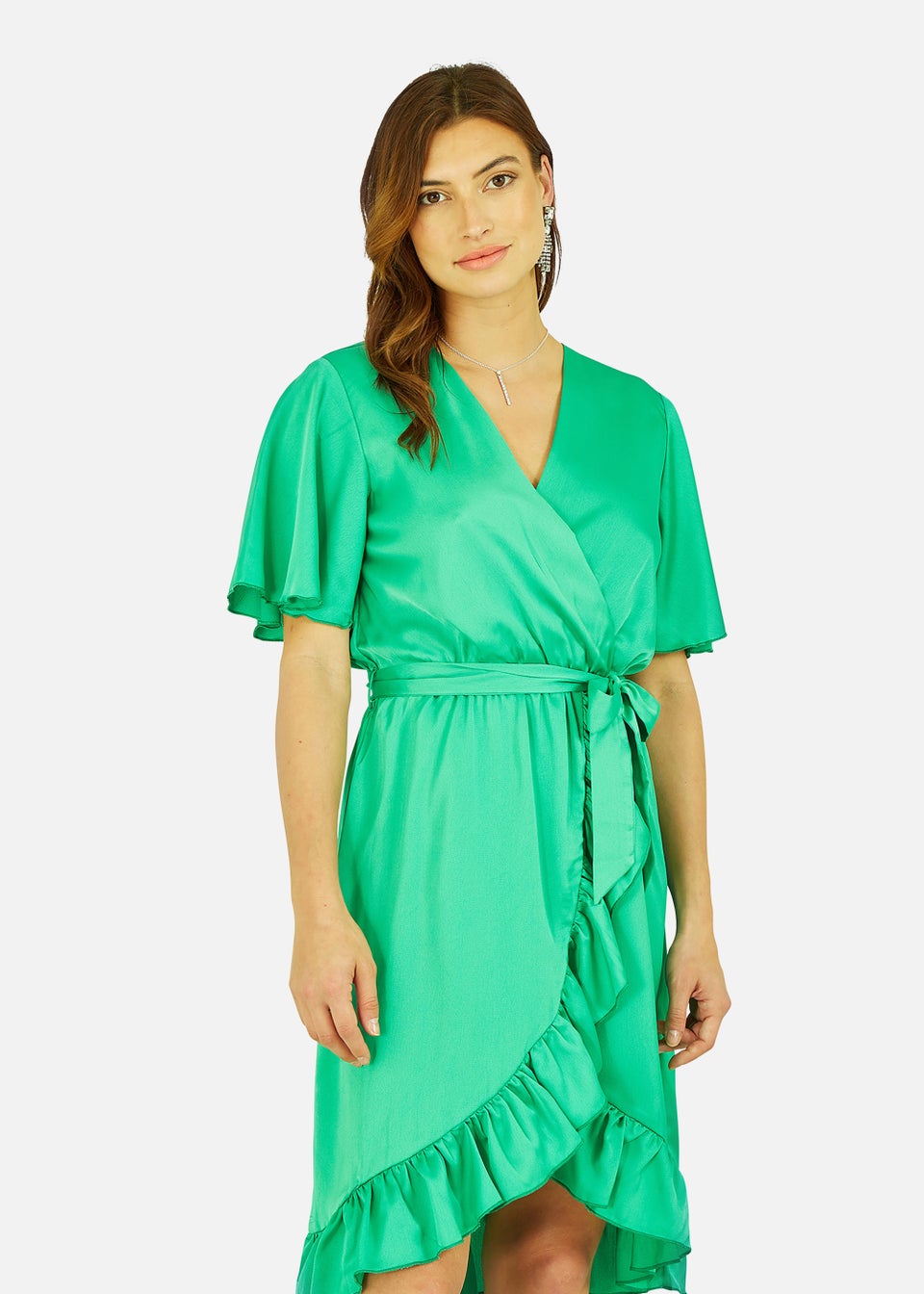 Mela Satin Wrap Dress In Green