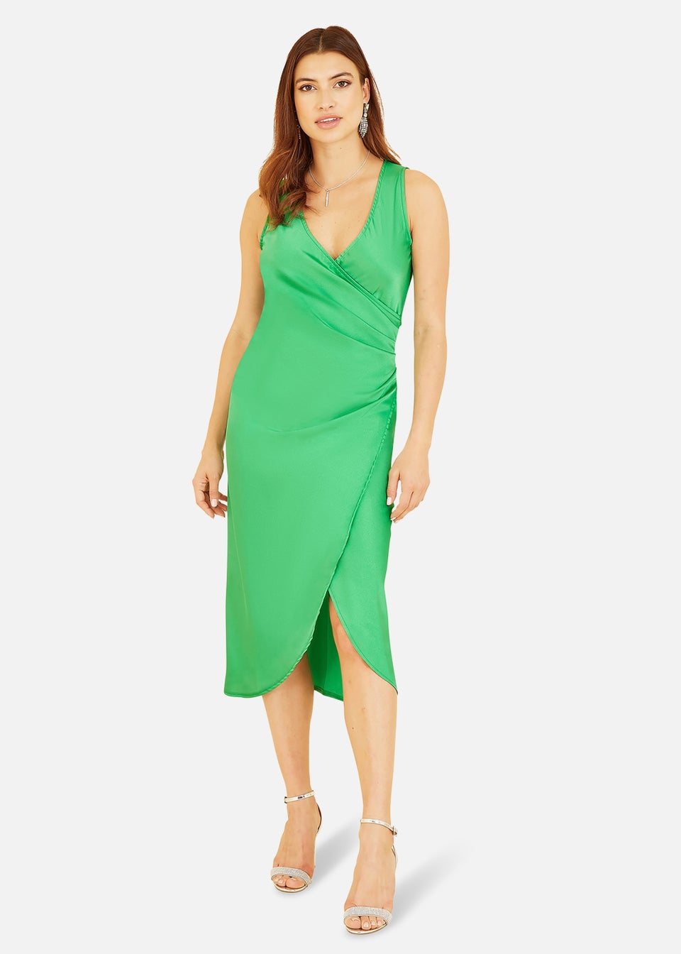 Mela Satin Wrap Ruched Midi Dress In Green