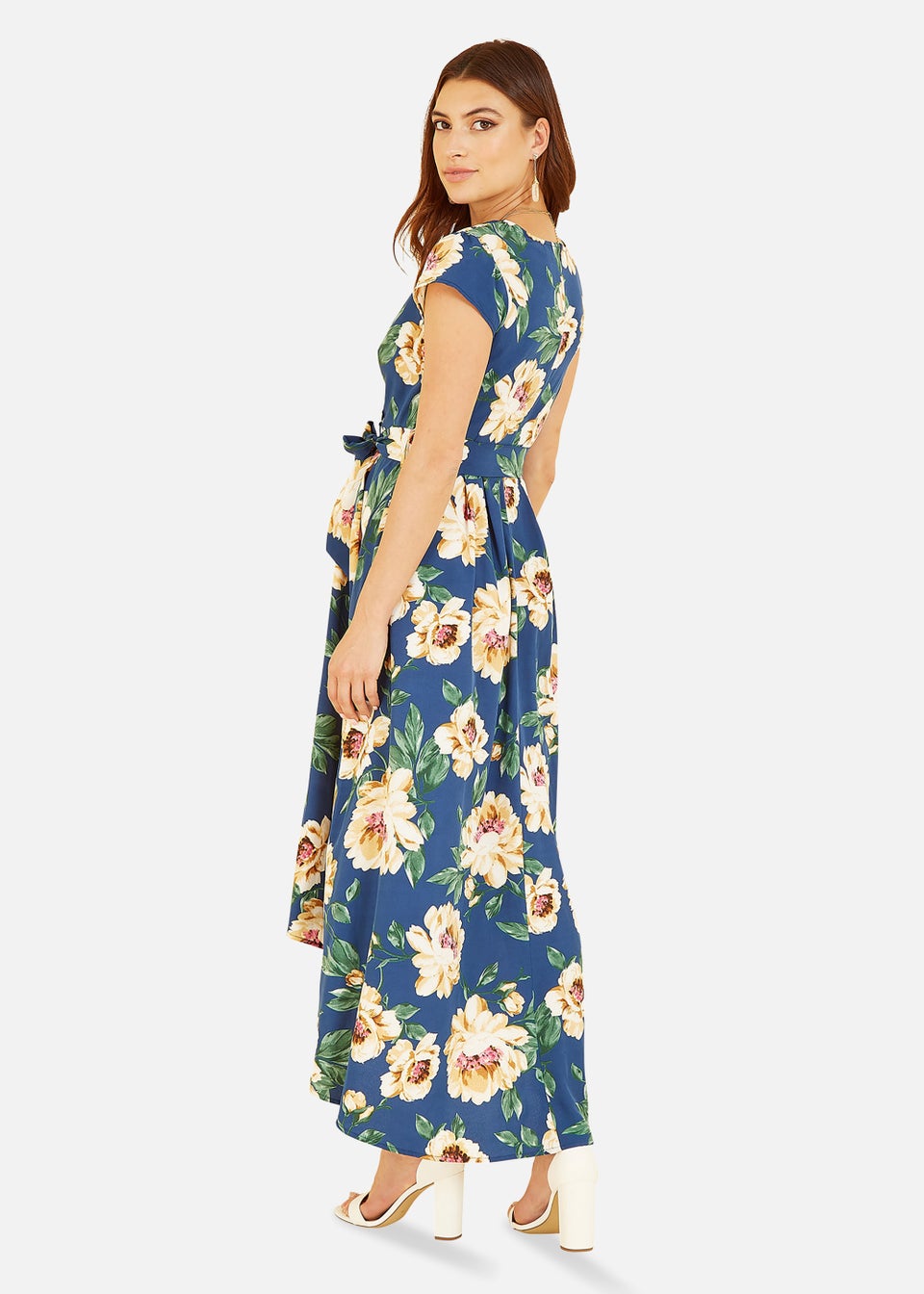 Mela Painted Floral Print Dipped Hem Wrap Dress In Blue