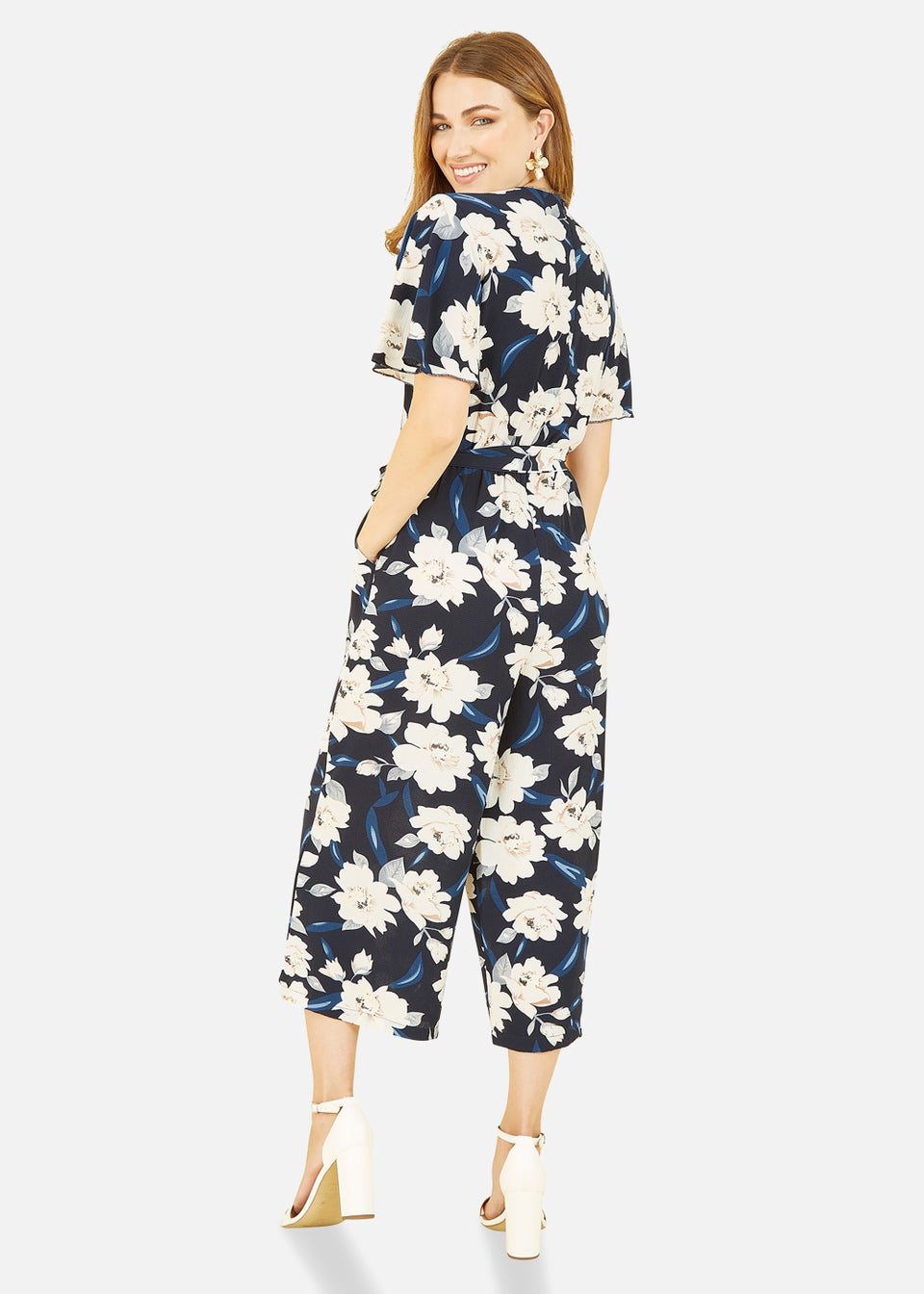 Mela Floral Print Jumpsuit With Angel Sleeves In Navy - Matalan