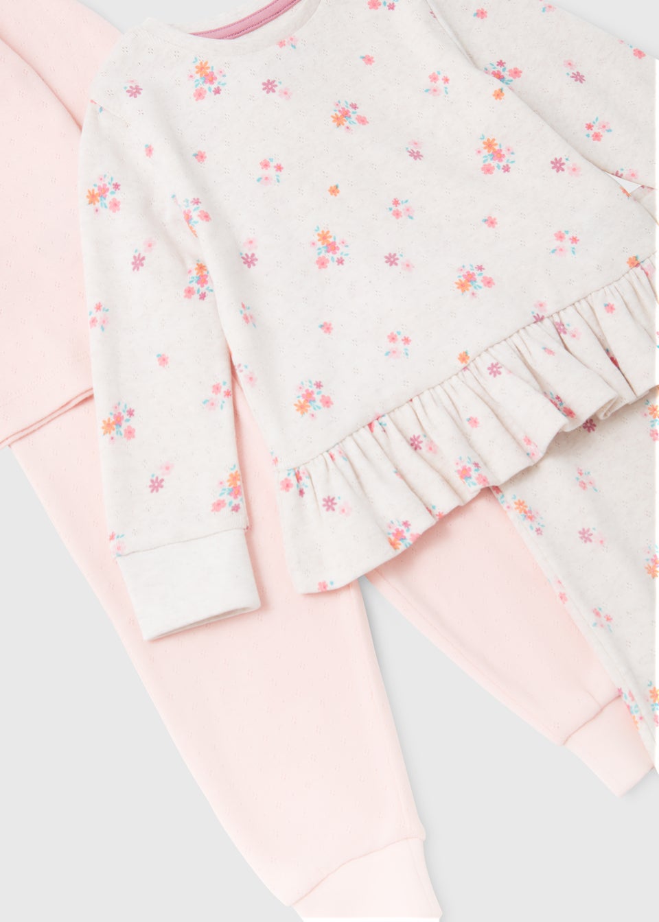 Girls 2 Pack Cream Floral Print Pointelle T-Shirt & Leggings Set (9mths-5yrs)