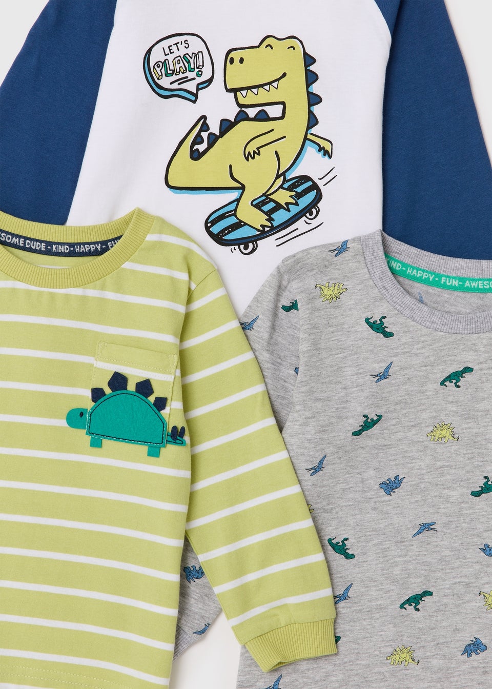 3 Pack Boys Grey Dinosaur Long Sleeve T-Shirts (1-7yrs)