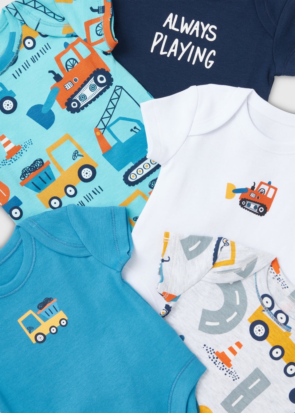 Baby 5 Pack Blue Car Print Bodysuits (Newborn-23mths)