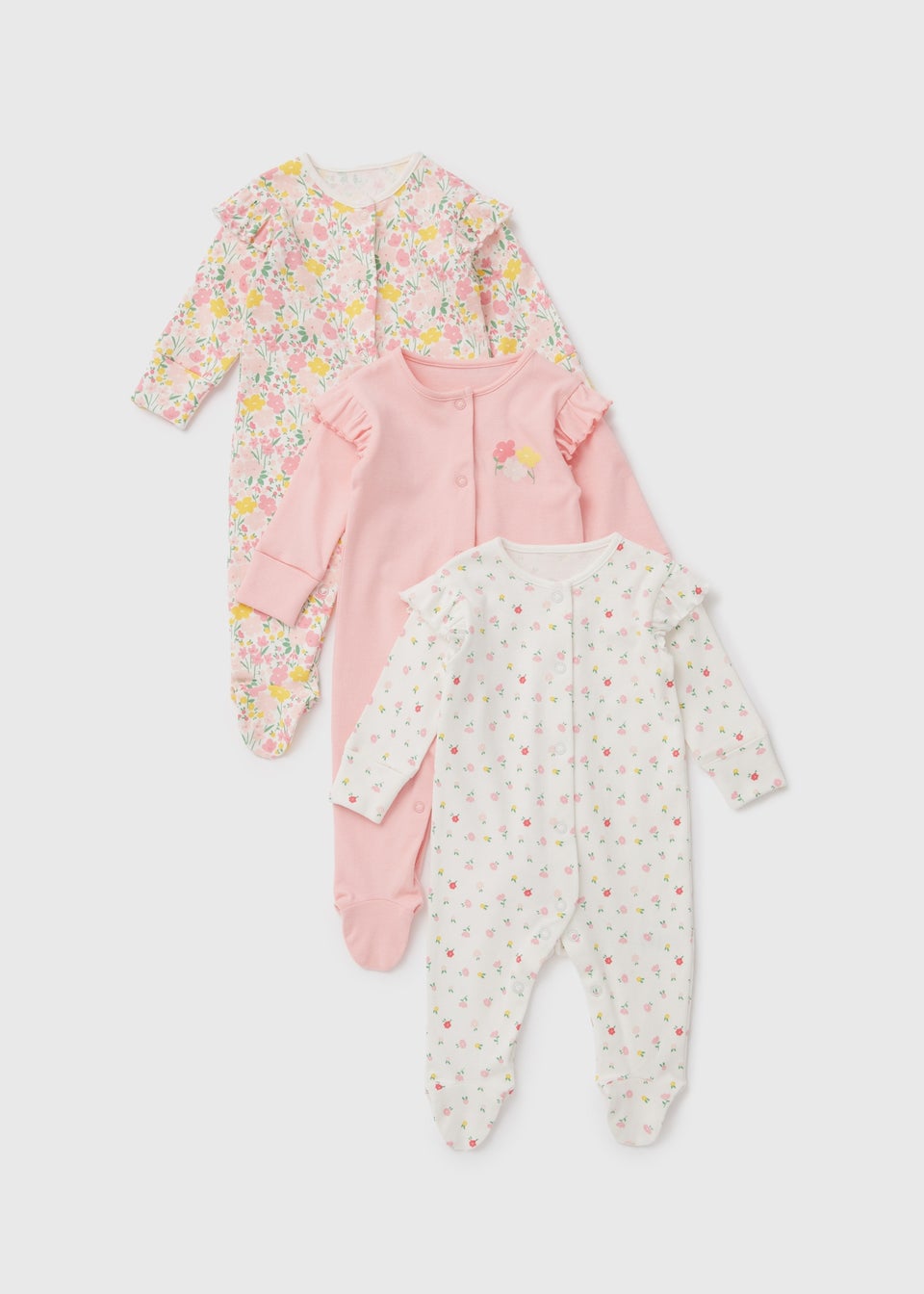 Baby 3 Pack Pink Floral Print Sleepsuits (Tiny Baby-18mths)