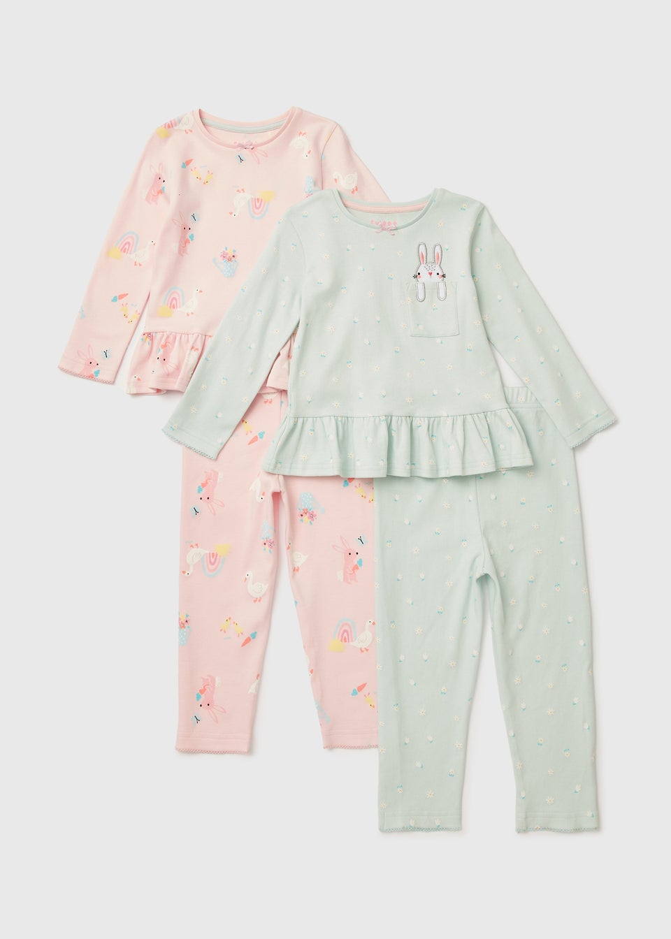 Girls 2 Pack Aqua Floral Bunny Pyjama Set (9mths- 5yrs)