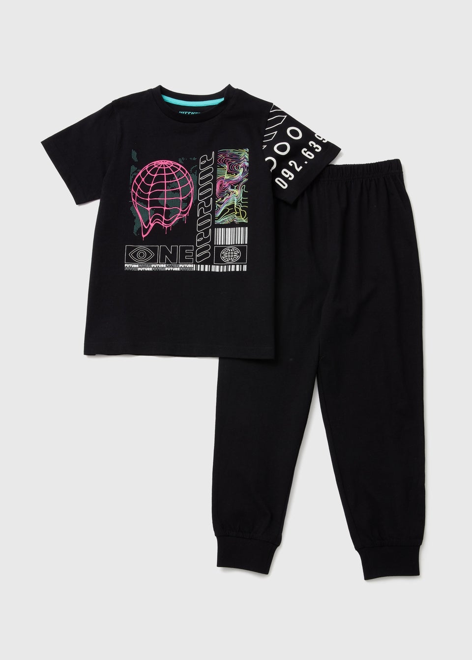 Boys Black World Foil Print Upsec Pyjama Set (4-12yrs)