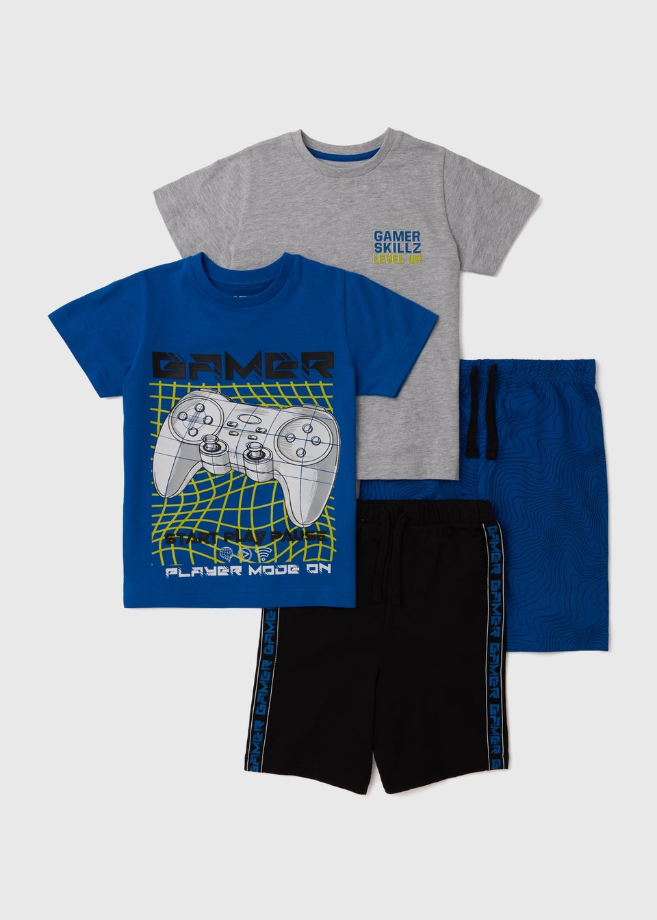 Boys 2 Pack Blue & Grey Gamer T-Shirt & Shorts Pyjama Sets (4-13yrs)