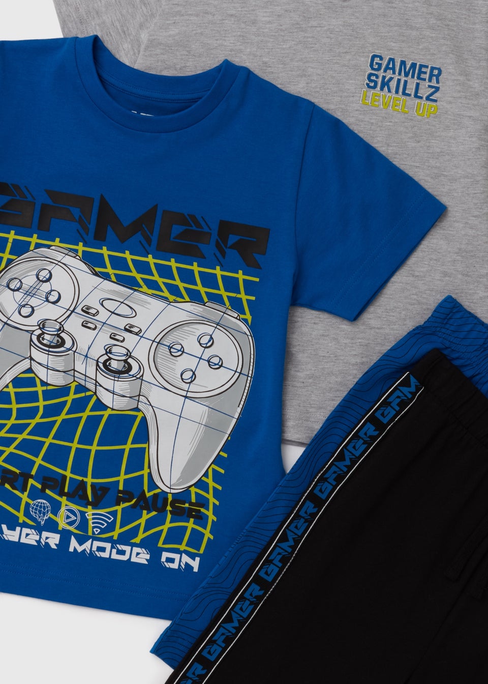 Boys 2 Pack Blue & Grey Gamer T-Shirt & Shorts Pyjama Sets (4-13yrs)