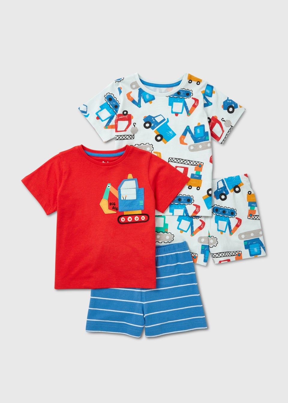 Boys 2 Pack Blue Digger Stripe Pyjama Set (9mths-5yrs)