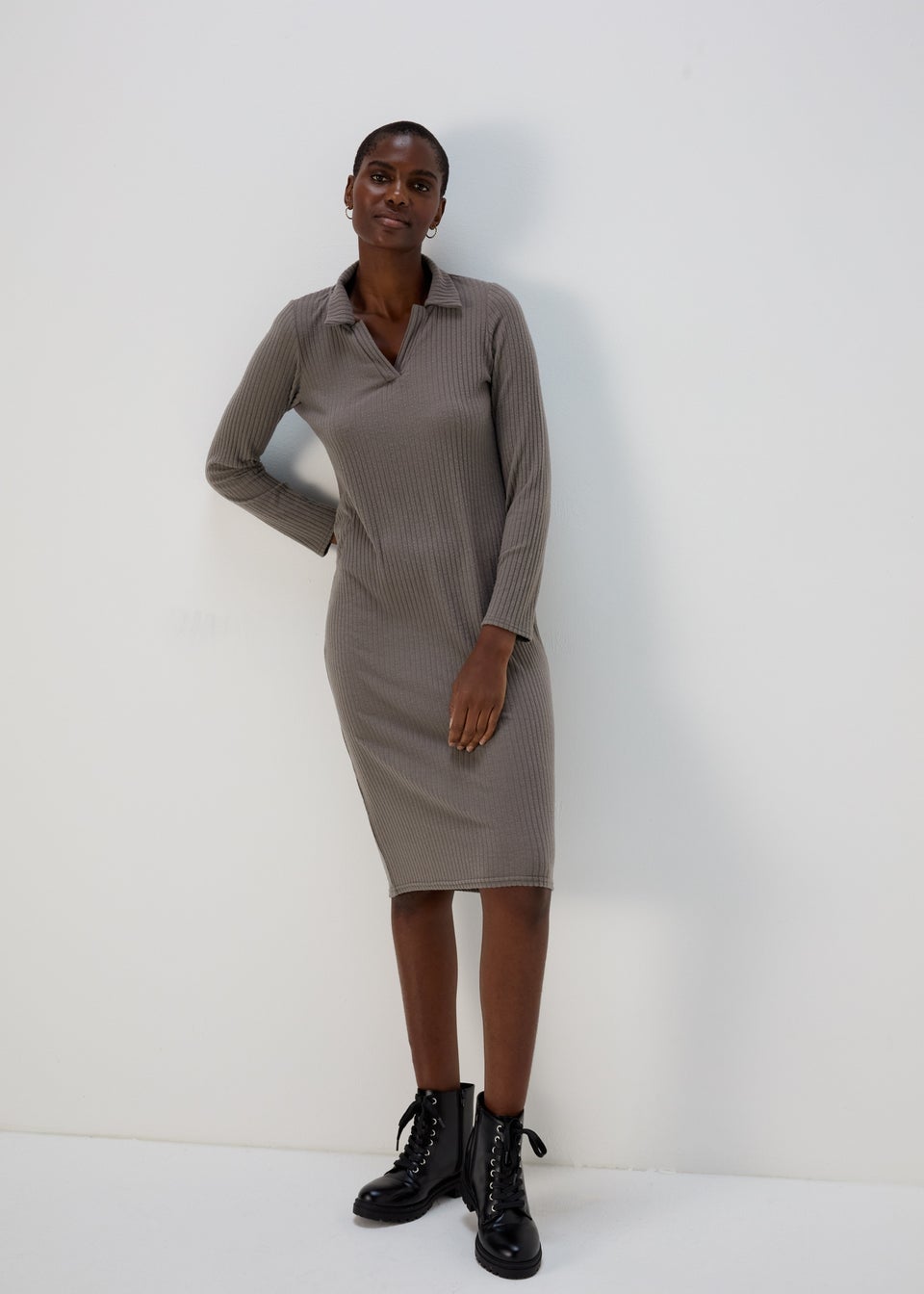 Grey Knitted Collared Midi Dress