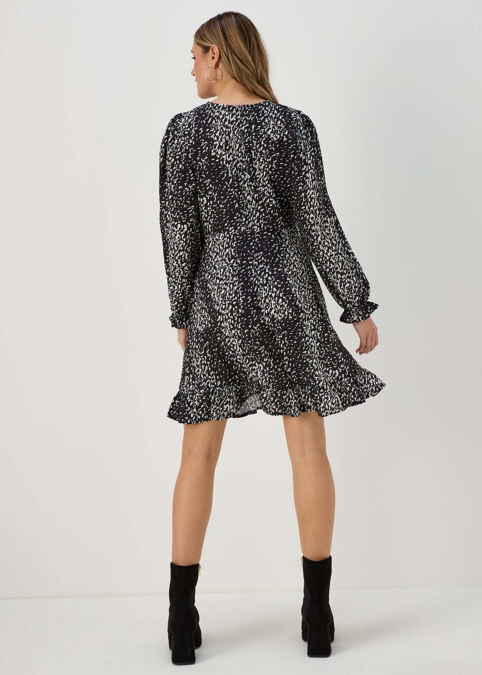 Black dalmatian print wrap long sleeve tea dress on sale