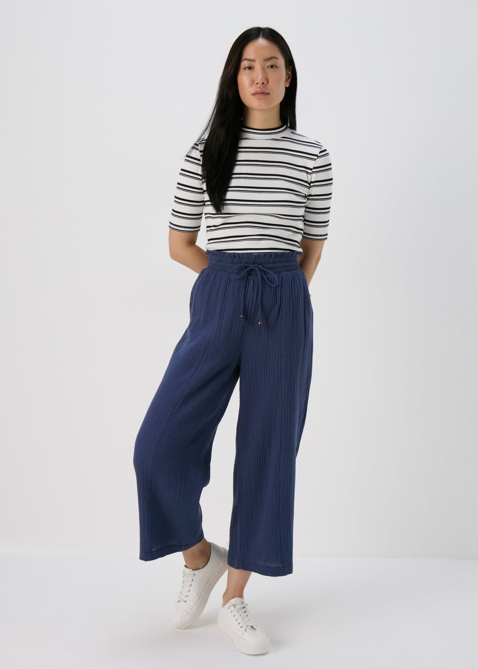 Navy Double Cloth Crop Trousers