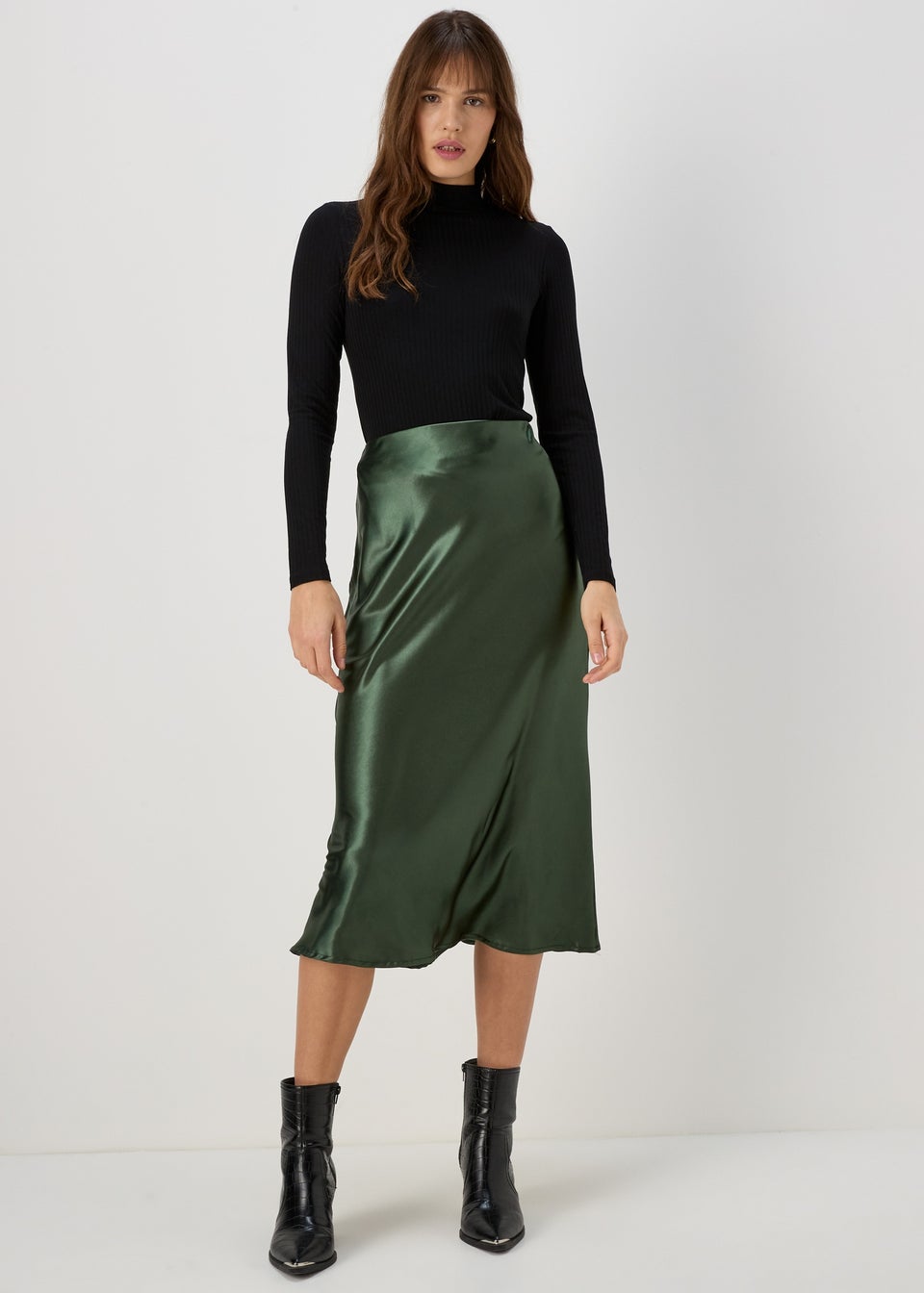 Green Satin Midi Skirt