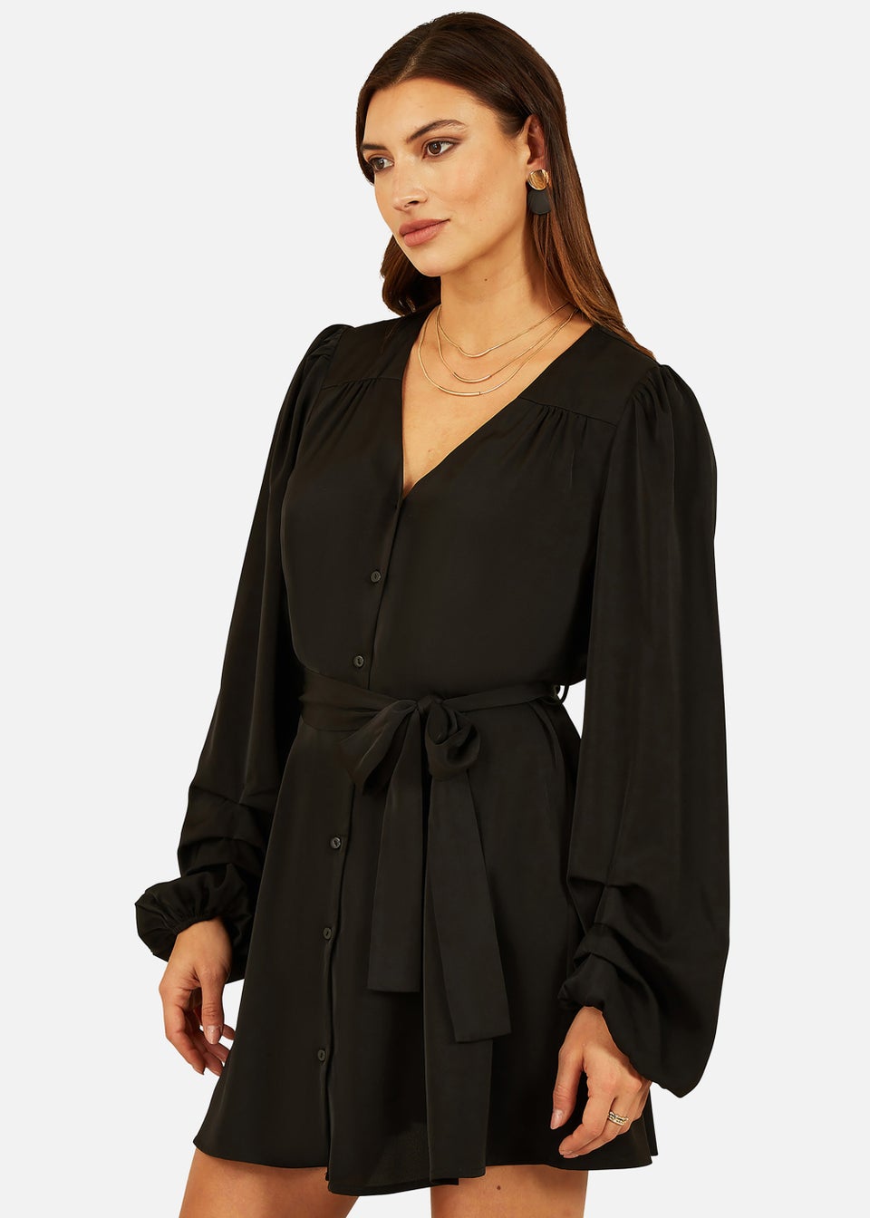 Mela Balloon Sleeve Shirt Dress In Black