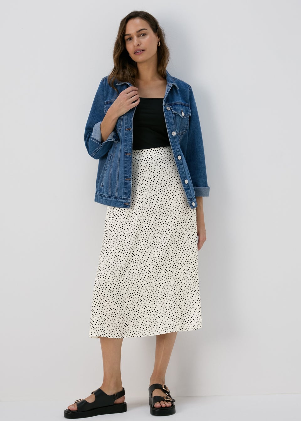 White Spot Design Flared Hem Midi Skirt