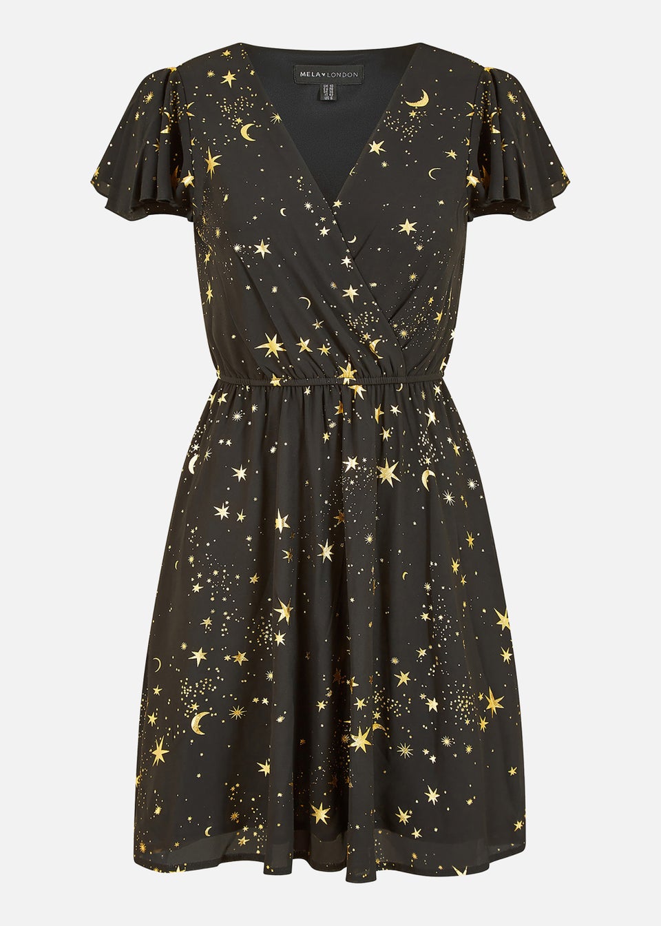 Mela Foil Star Print Wrap Skater Dress In Black Matalan