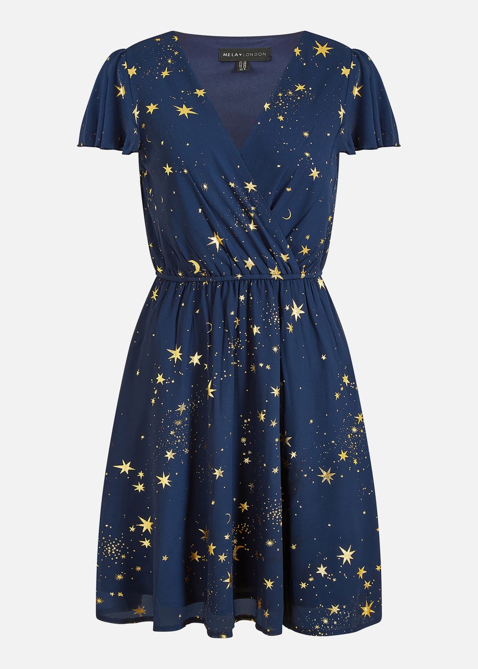 Mela Foil Star Print Wrap Skater Dress In Navy