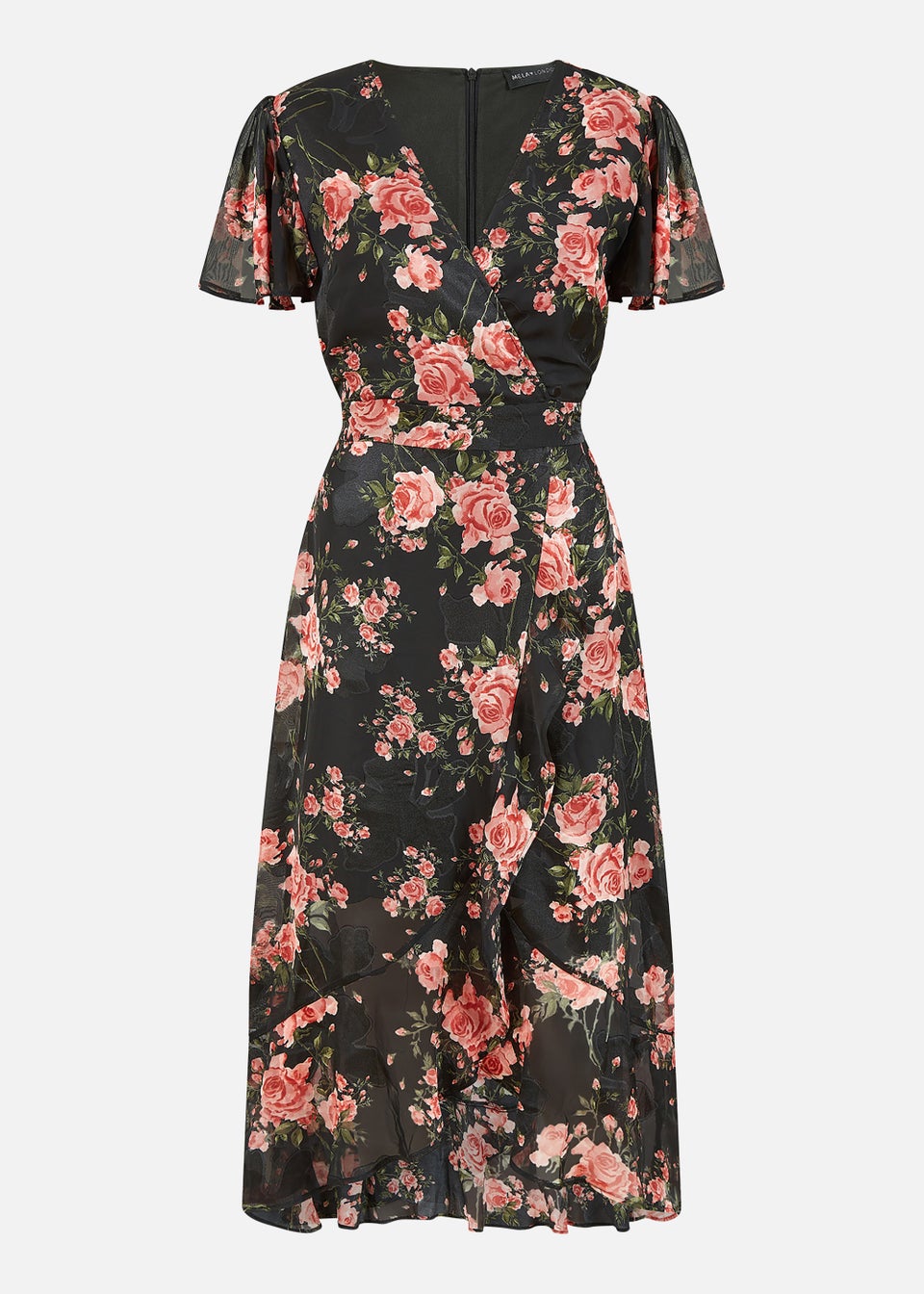 Mela Rose Print Midi Wrap Dress In Black