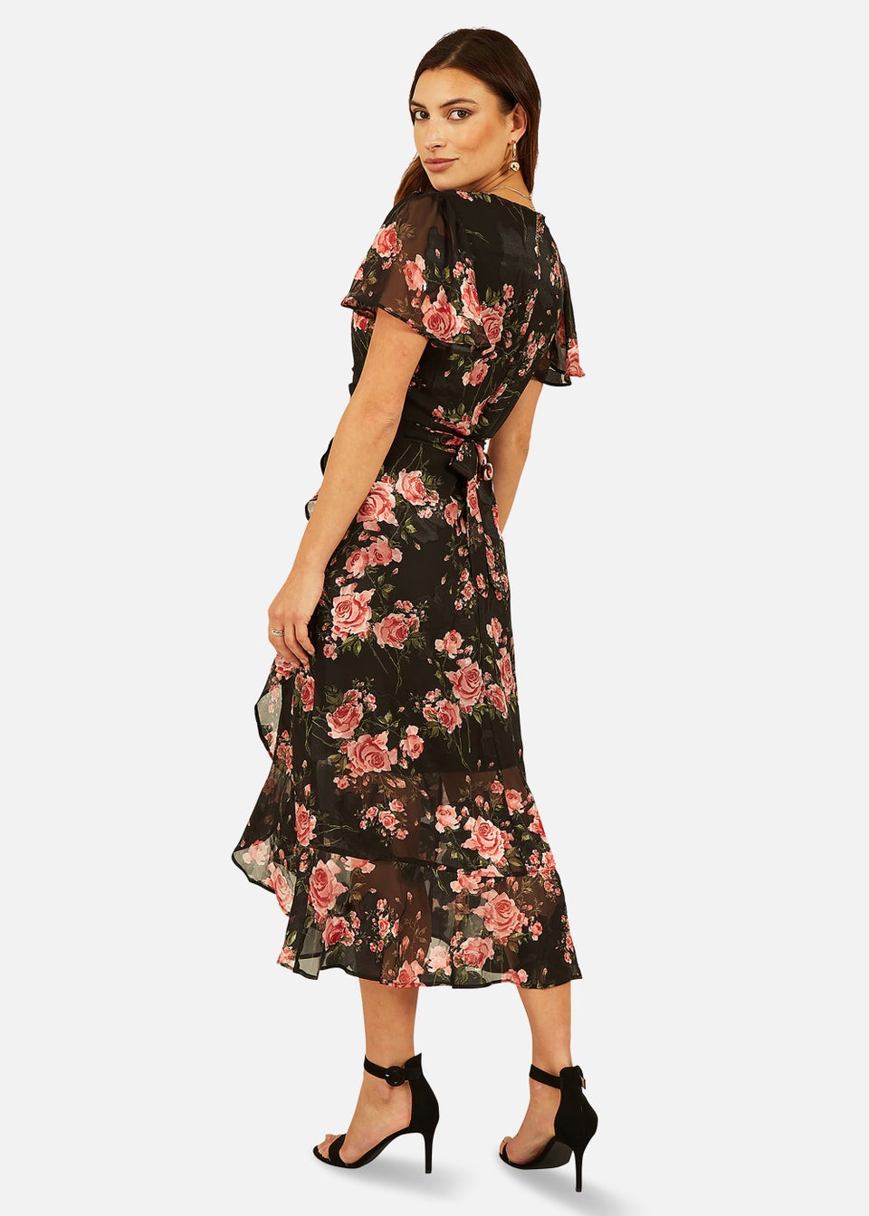 Mela Rose Print Midi Wrap Dress In Black