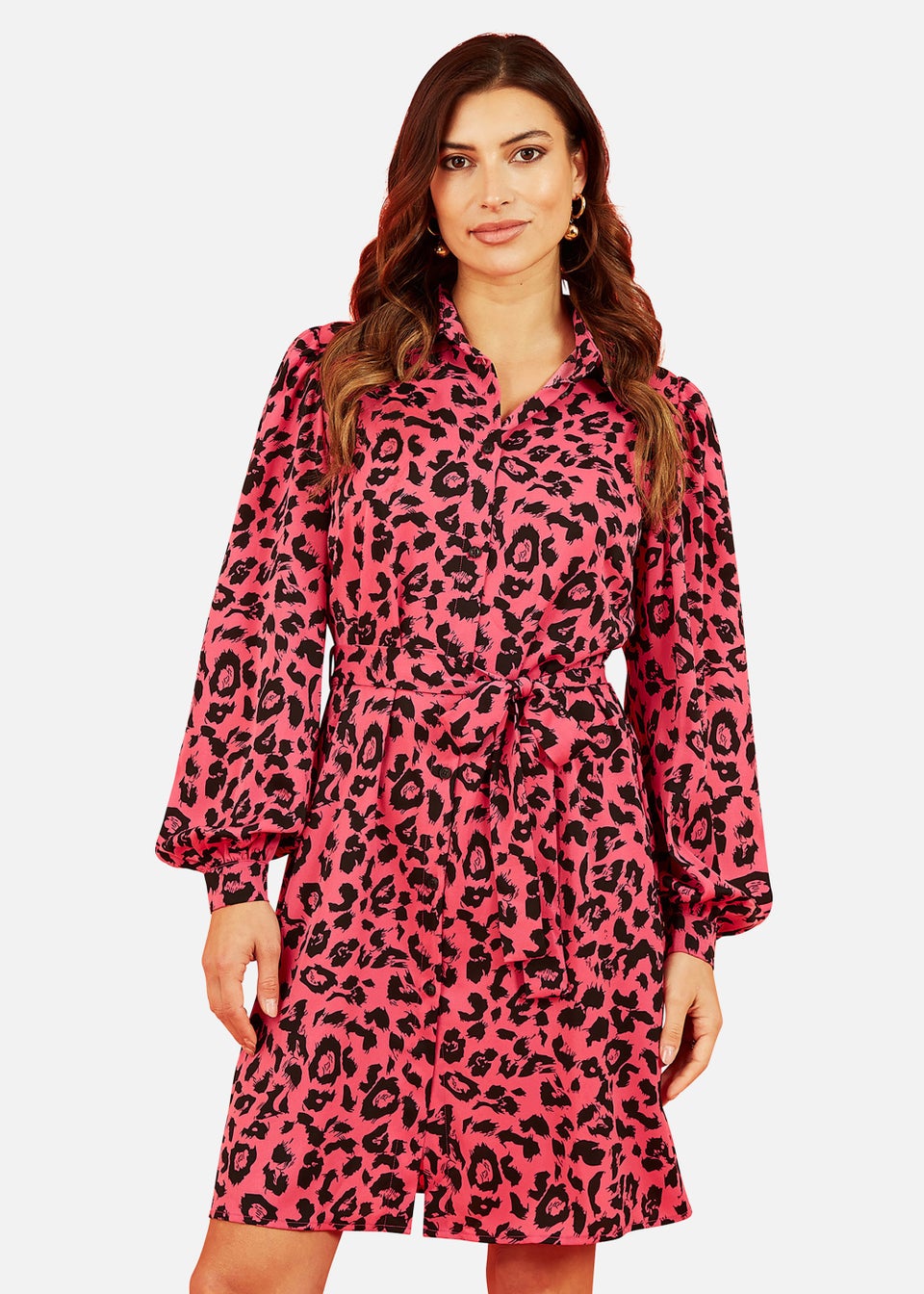 Mela Animal Print Long Sleeve Shirt Dress In Pink