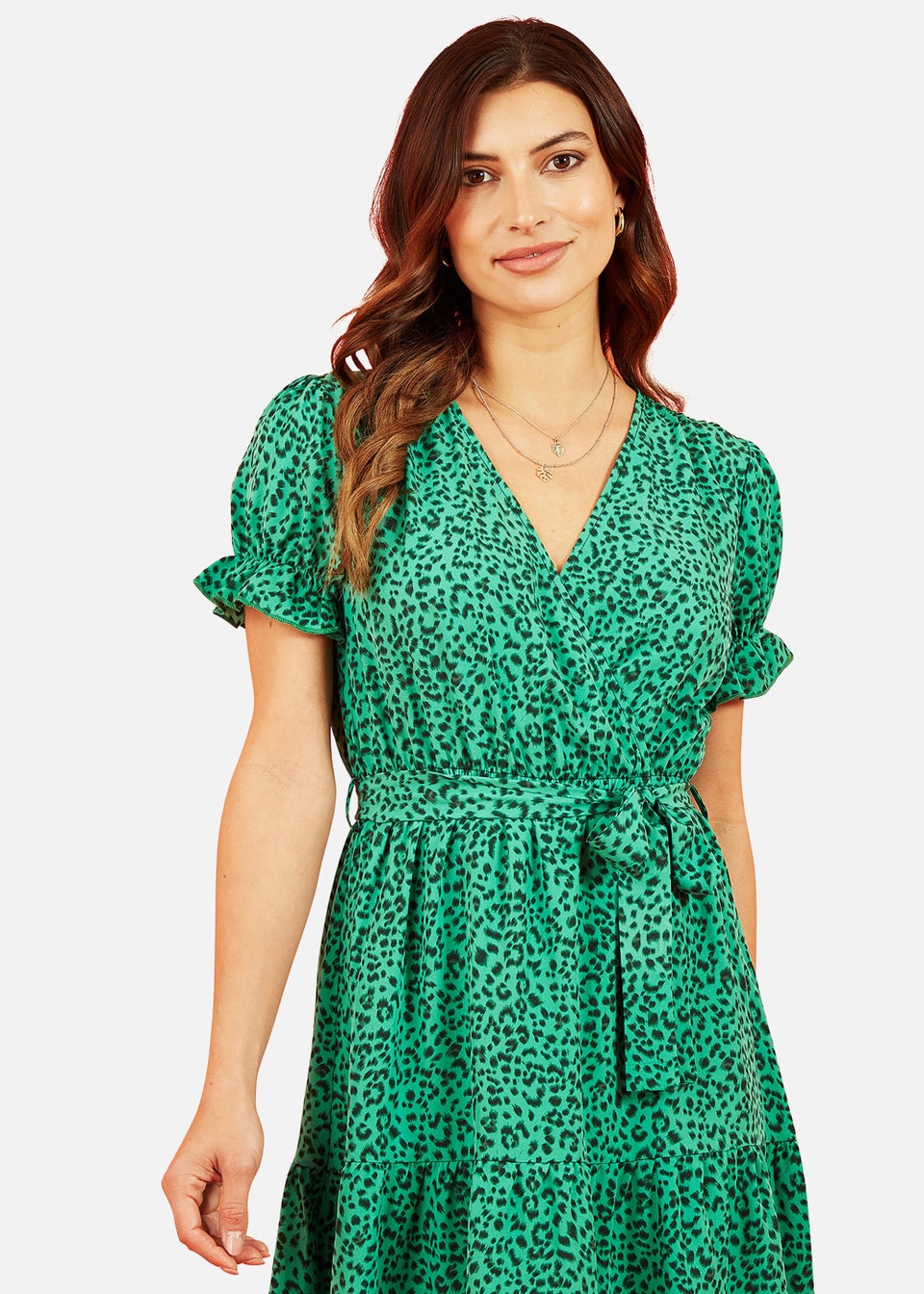 Mela Animal Print Midi Wrap Dress With Ruffle Sleeves In Green