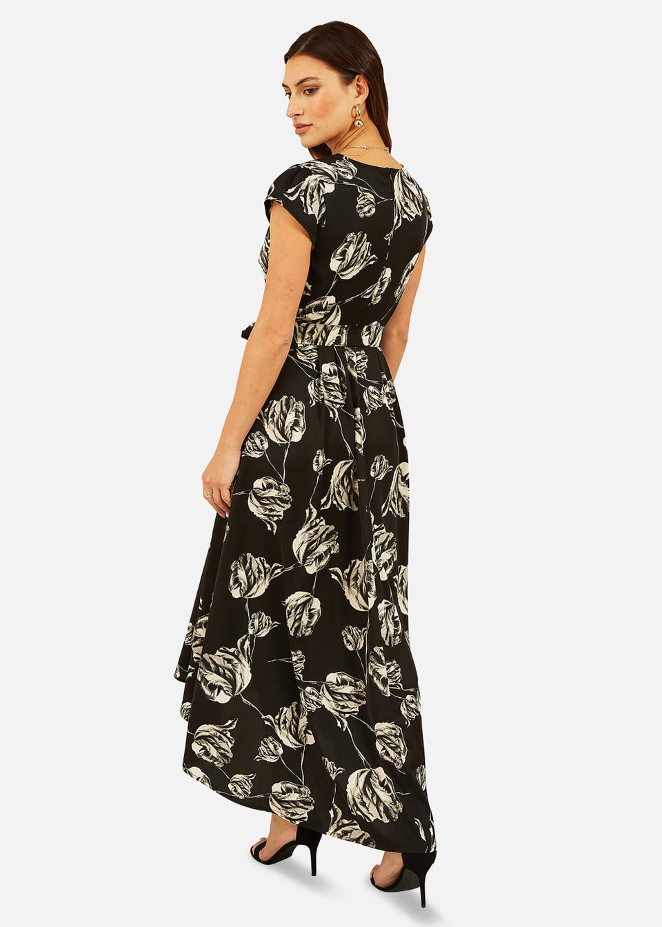 Mela Rose Print Dipped Hem Wrap Dress In Black - Matalan